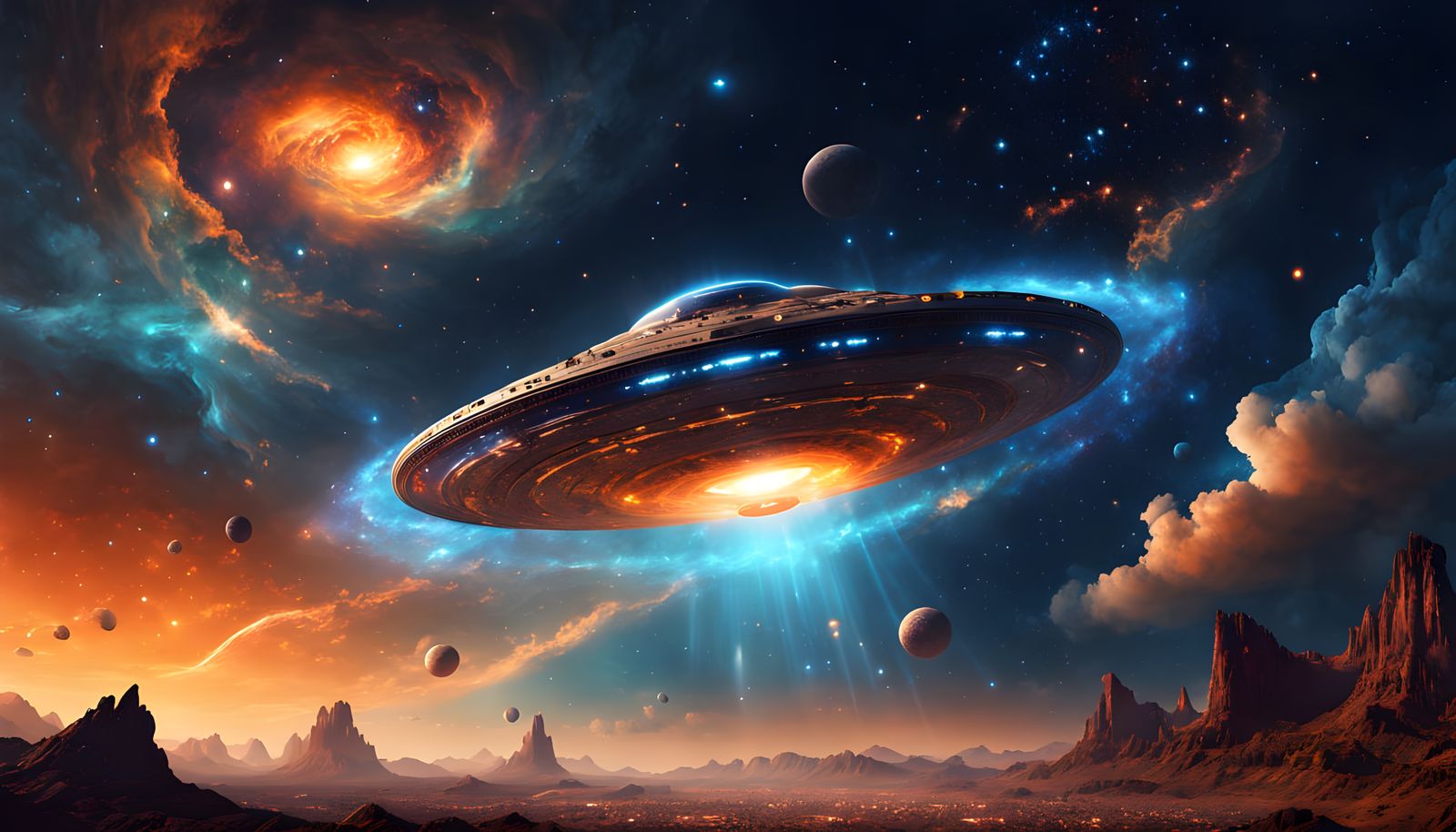 UFO in Space Nebula with Volumetric Lighting