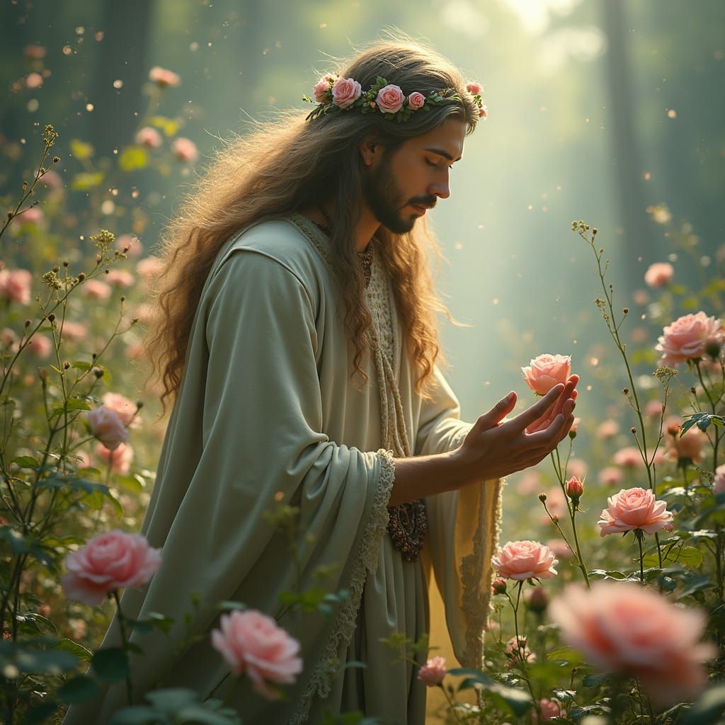 Ethereal Druid God Surrounded by Flowers