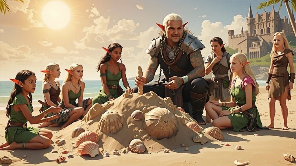 Elves, Humans, and Orcs Build Sandcastle
