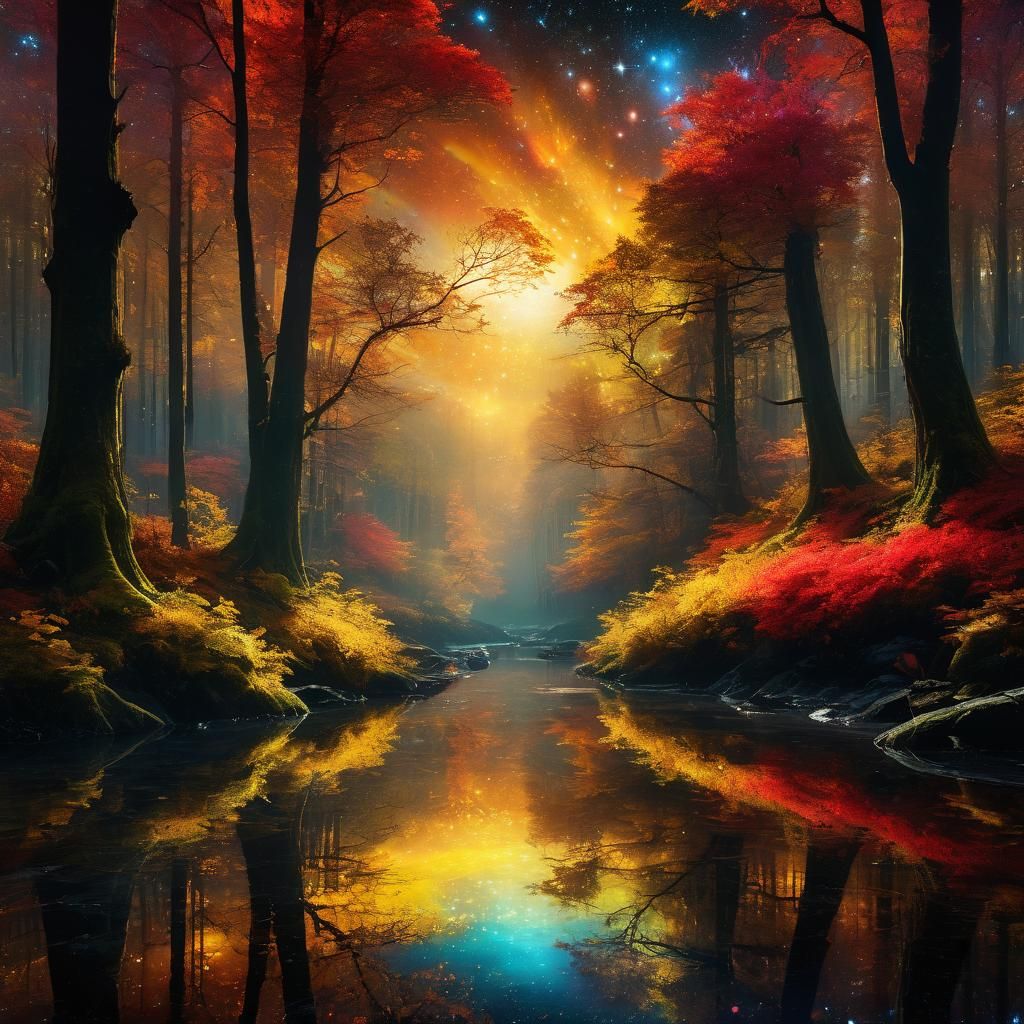Cosmic Autumn Forest in Fluorescent Stained Glass