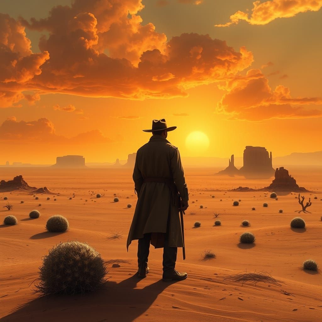 Desert Outlaw Silhouetted Against a Fiery Western Sky