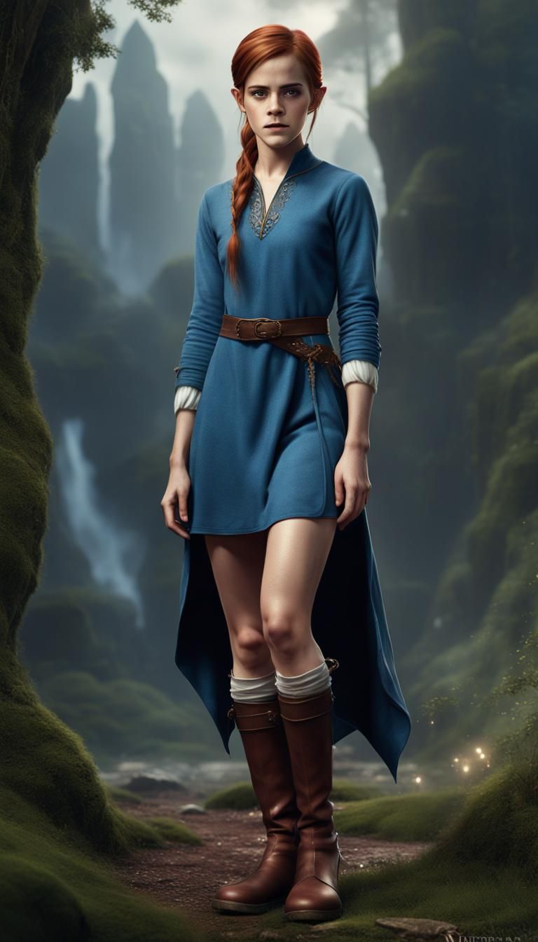 Emma Watson as an elf in a blue tunic dress with high top boots 
redhead ponytail hair portrait