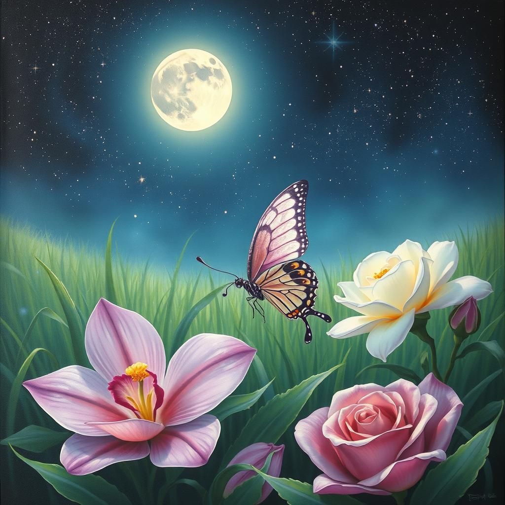 Butterfly in Starry Meadow: Ethereal Art