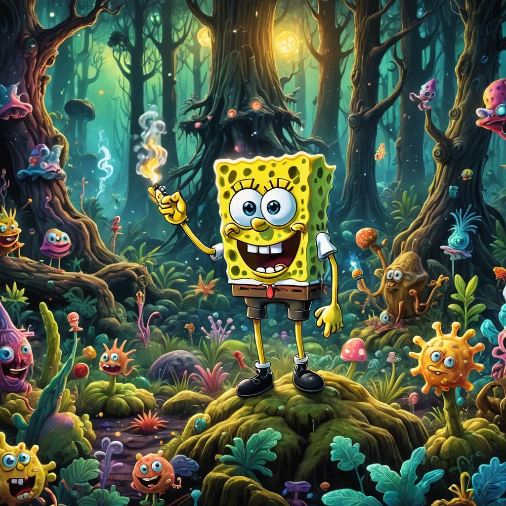 Spongebob Squarepants Smoking in Dark Forest, Amaringo Style