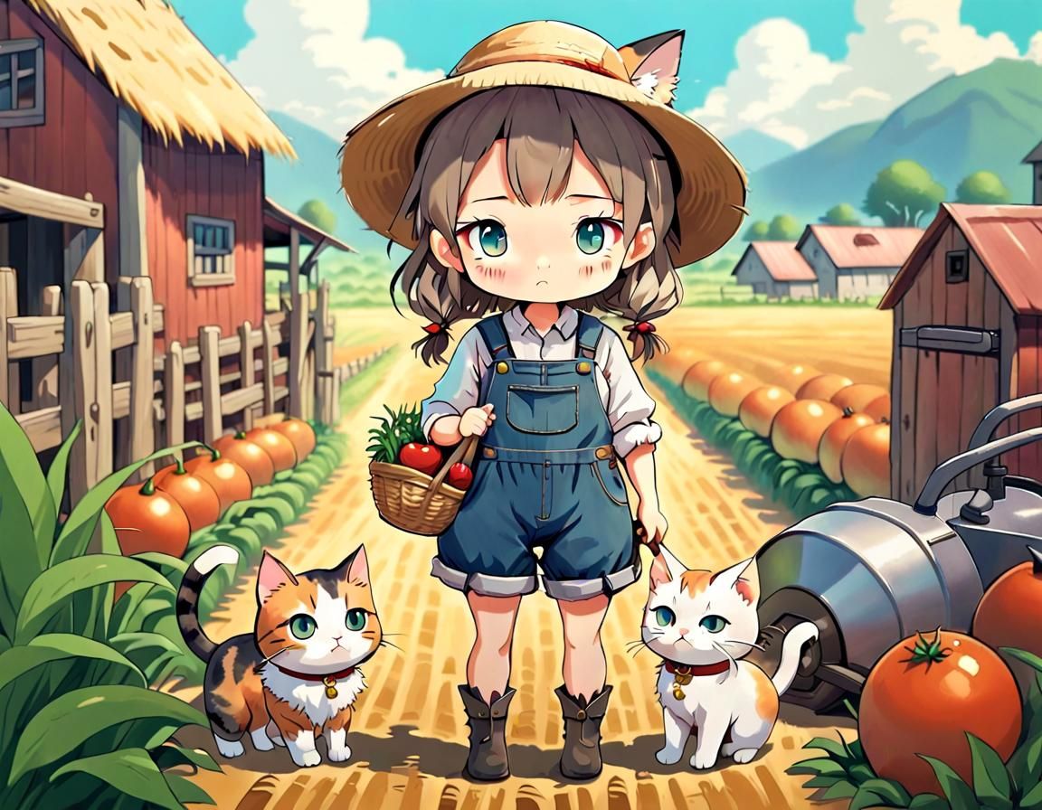 Chibi Farmer and Cat in Ghibli Anime Style