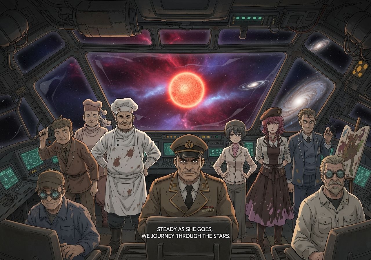 Anime Crew Gazing at Red Dwarf Star