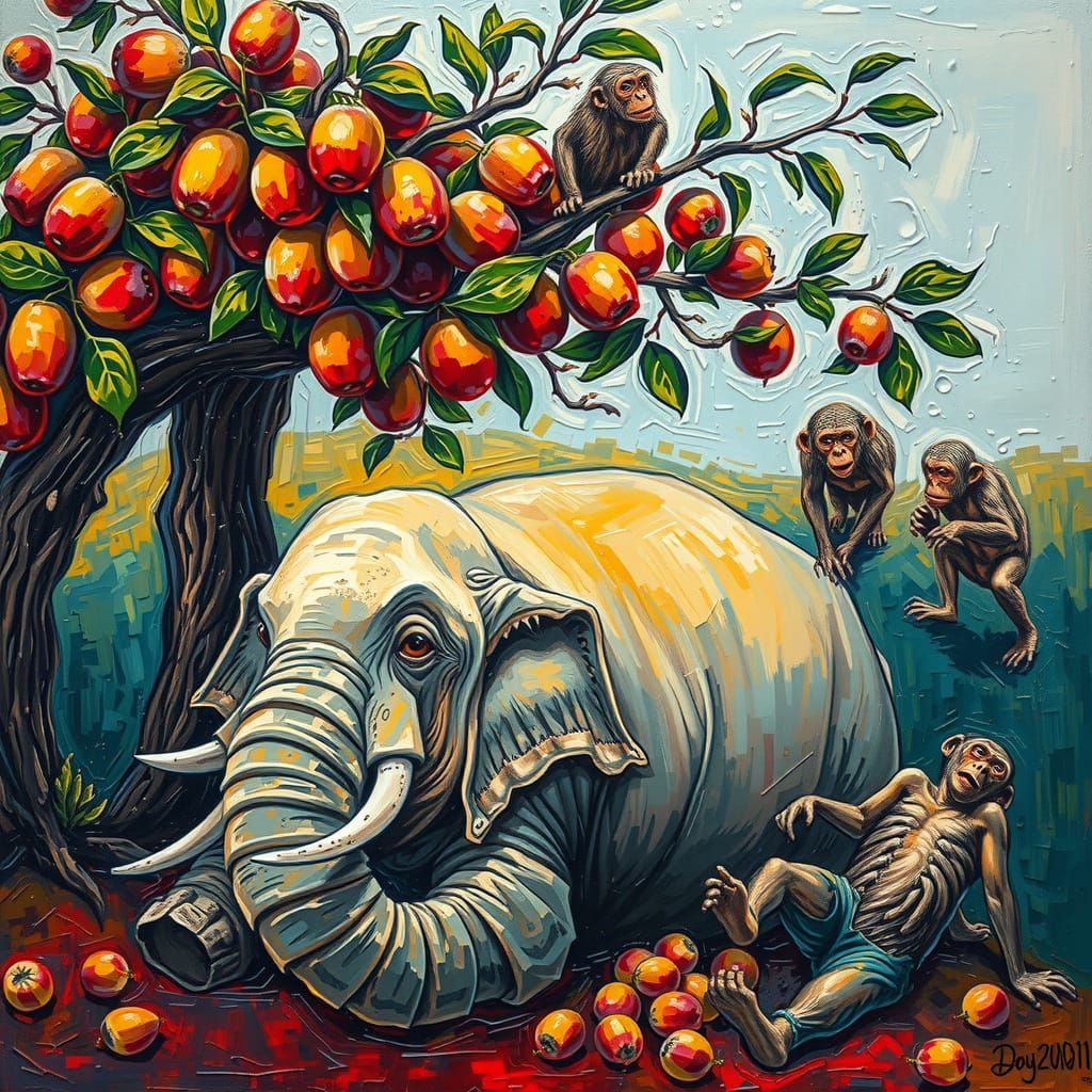 Drunken Elephant and Monkeys in Cherry Orchard