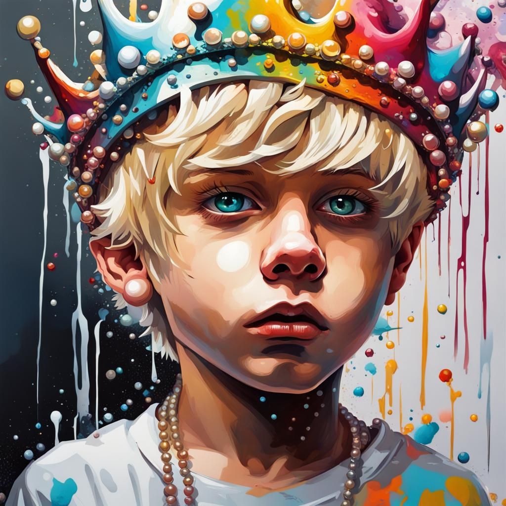 Blond Boy with Pearl Crown in Graffiti Art Style