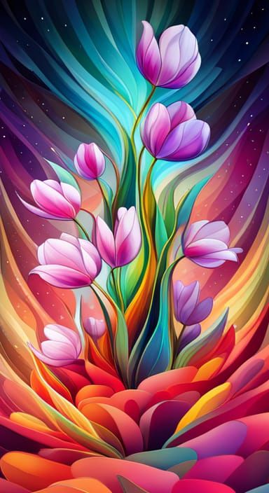 Stained Glass Tulips in Celestial Vase Still Life