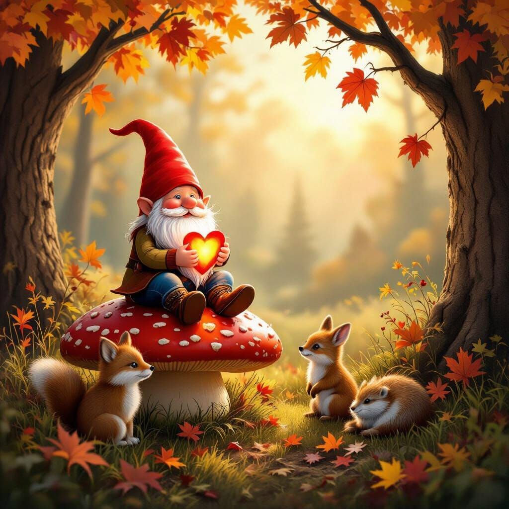 Gnome with Glowing Heart in Autumn Forest, Fantasy Art