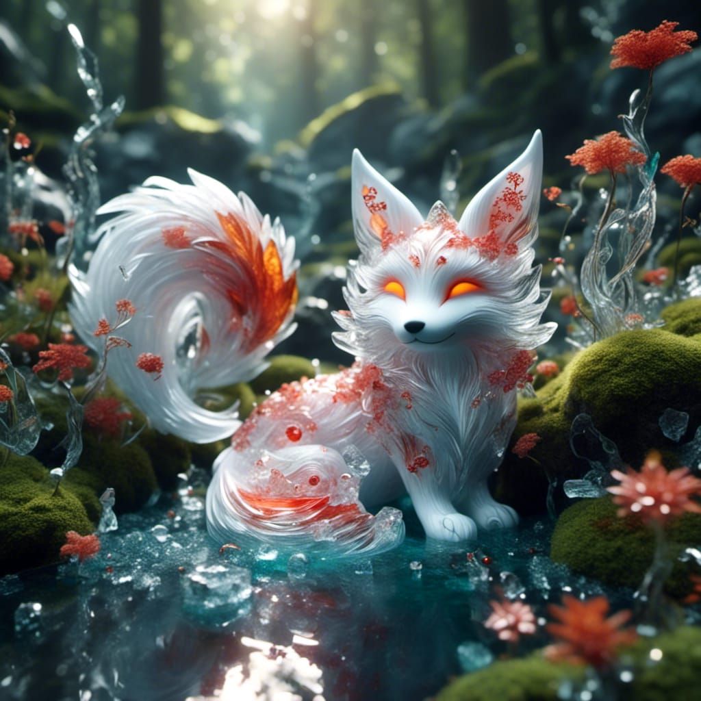 <lora:crystalclear:1.0> Glass-like near-invisible kitsune in...
