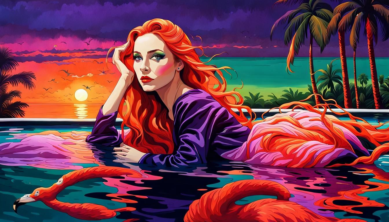 Drowned Woman in Pool at Sunset: Digital Illustration