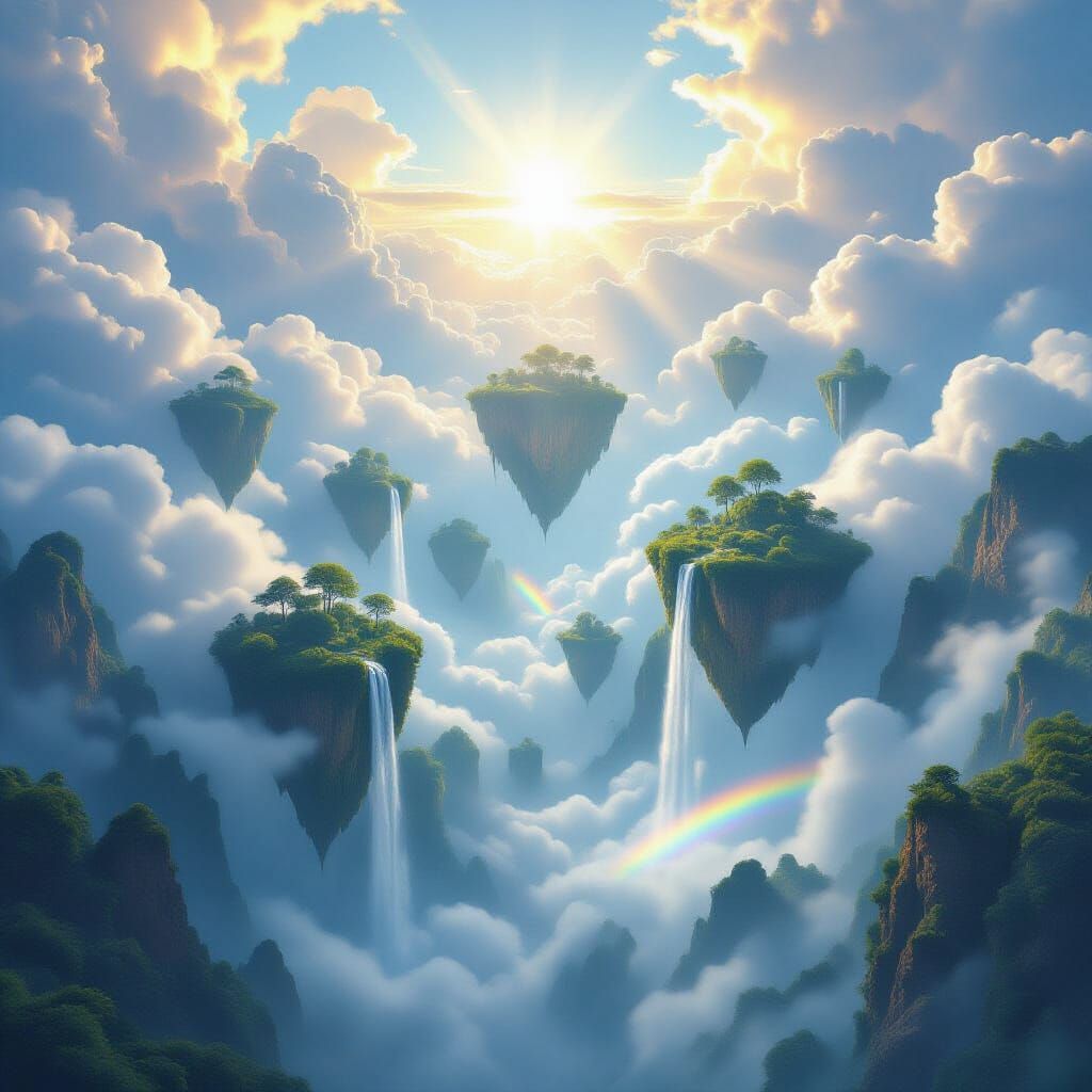 Floating Islands with Waterfalls in Cloudy Sky