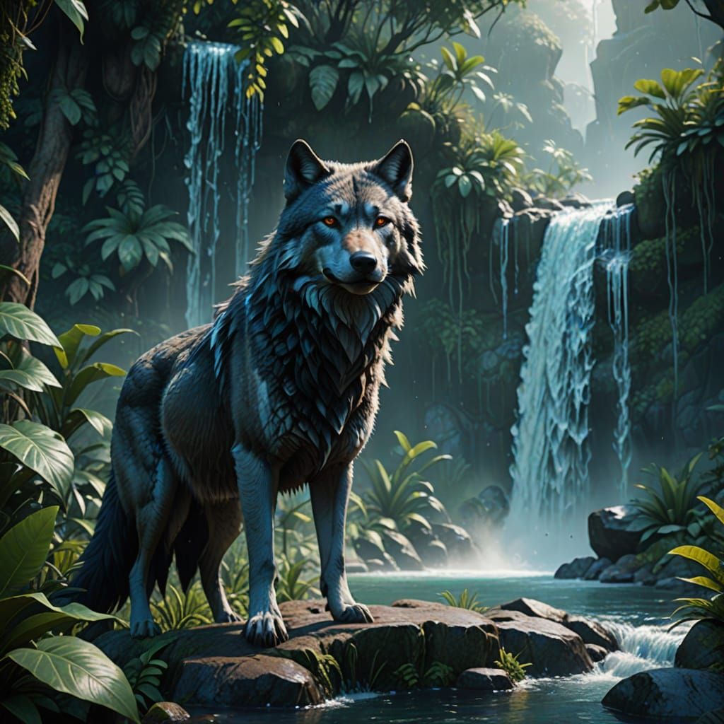 Fantastical Wolf Portrait at the Edge of a Lush Waterfall