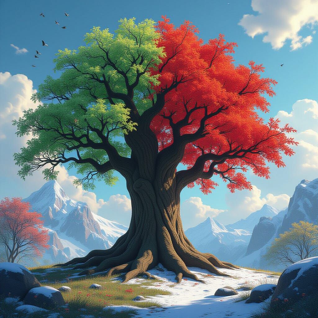 Four Seasons Majestic Tree in Anime Painterly Style