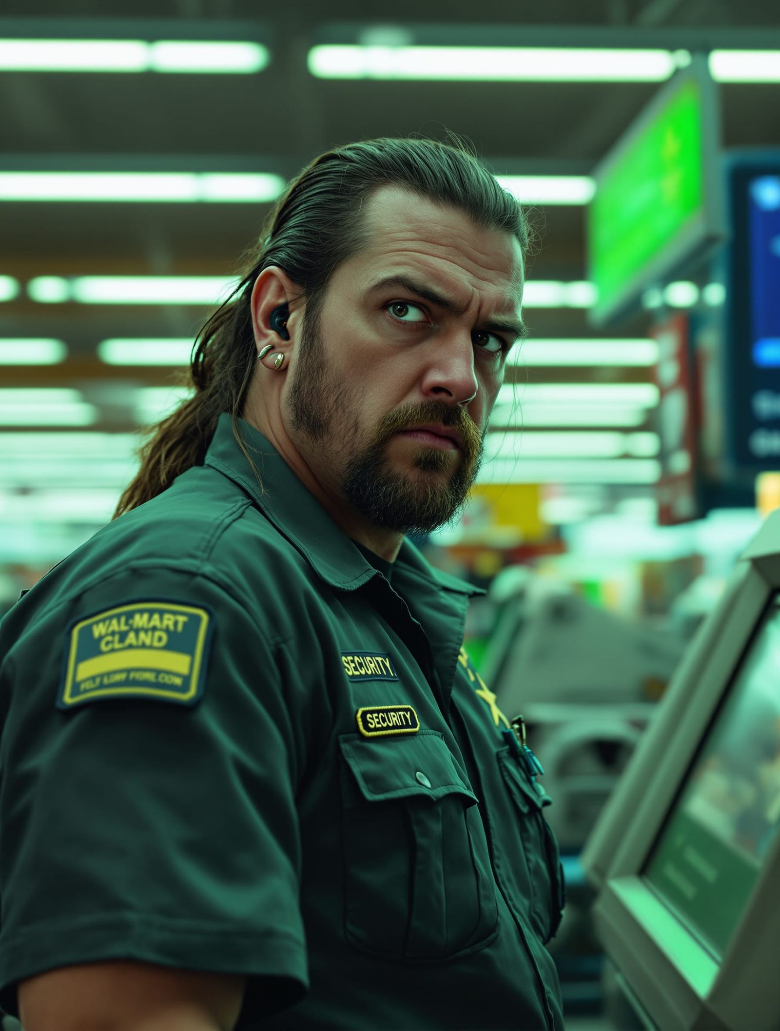 Irate Walmart Guard Overlooking Malfunctioning Self-Checkout