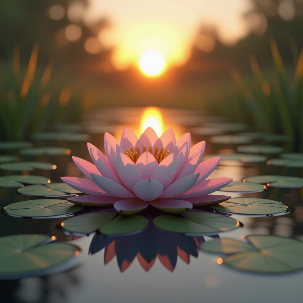 Water Lily Pond at Sunset with Soft Volumetric Light