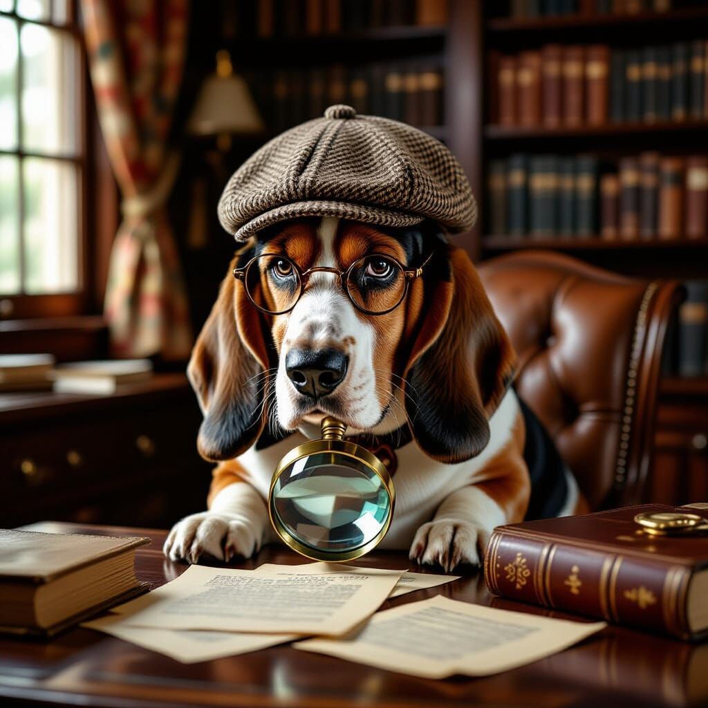 Distinguished Basset Hound in Deerstalker Cap Examines Magni...
