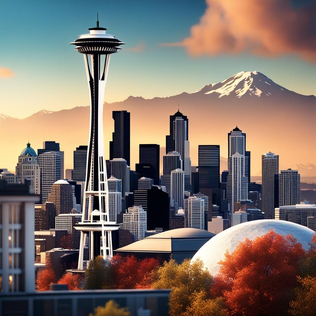Seattle Skyline, Space Needle, and Mt. Rainier