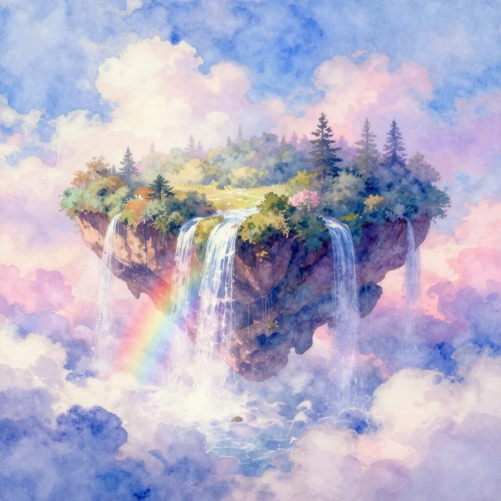 Ethereal Watercolor Islands in Pastel Sky