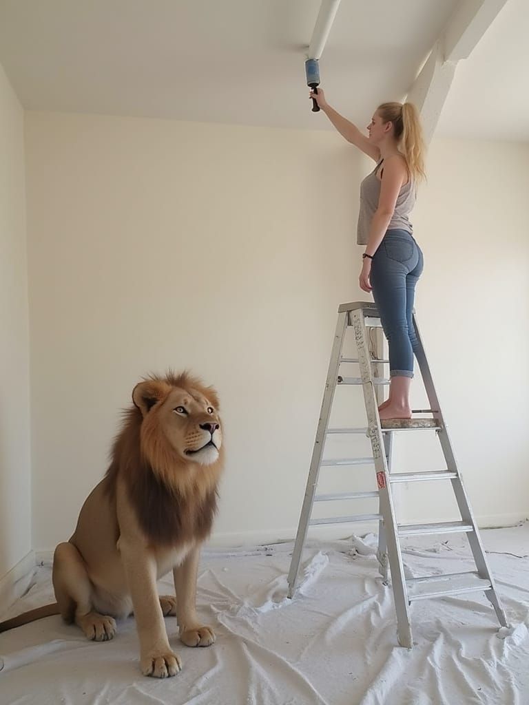 Woman Whitewashing Ceiling with Lion