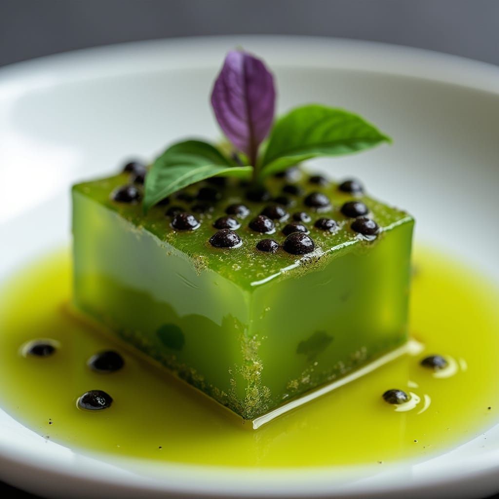 Culinary Still Life: Tomato Cube with Basil Caviar