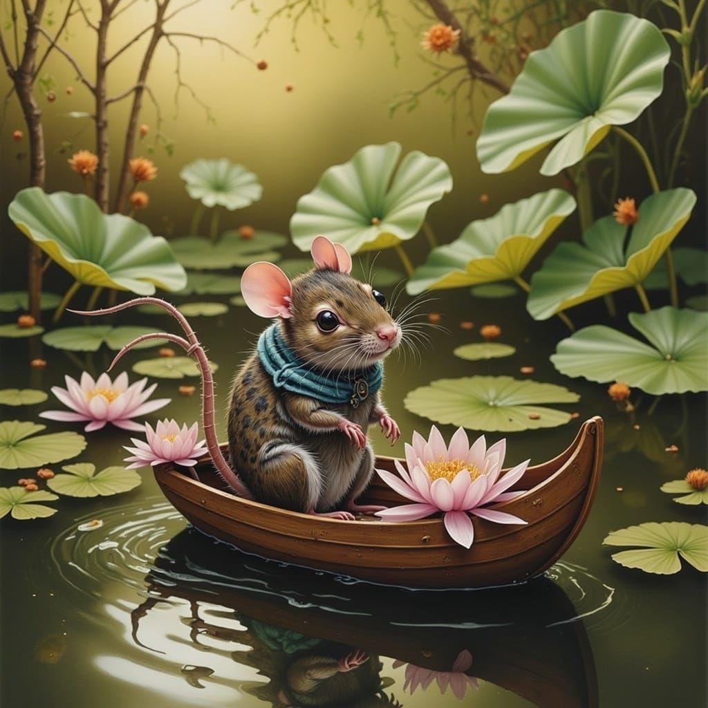 Pixar Mouse in Boat on Lily Pond, Watercolor Comic Art