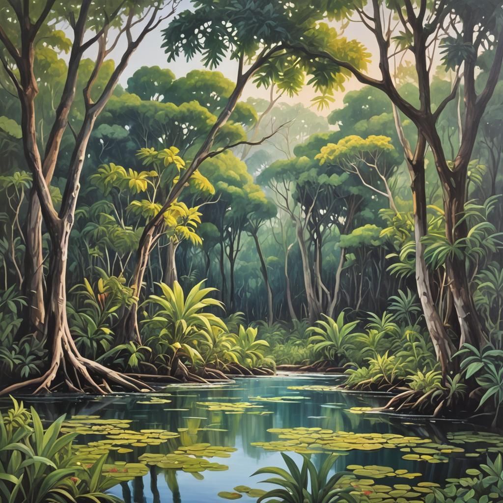 Tranquil Tropical Mangrove at Night: Gouache Oil Painting