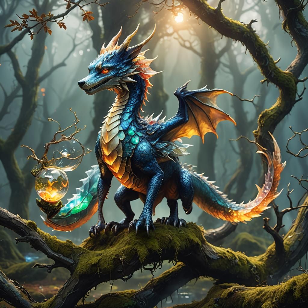 Glass Dragon Fox on Misty Branch: Fantasy Art