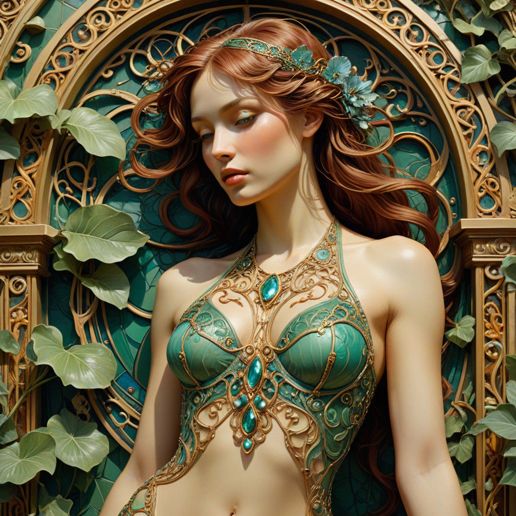 Whimsical Art Nouveau Goddess in a Flowing Bikini