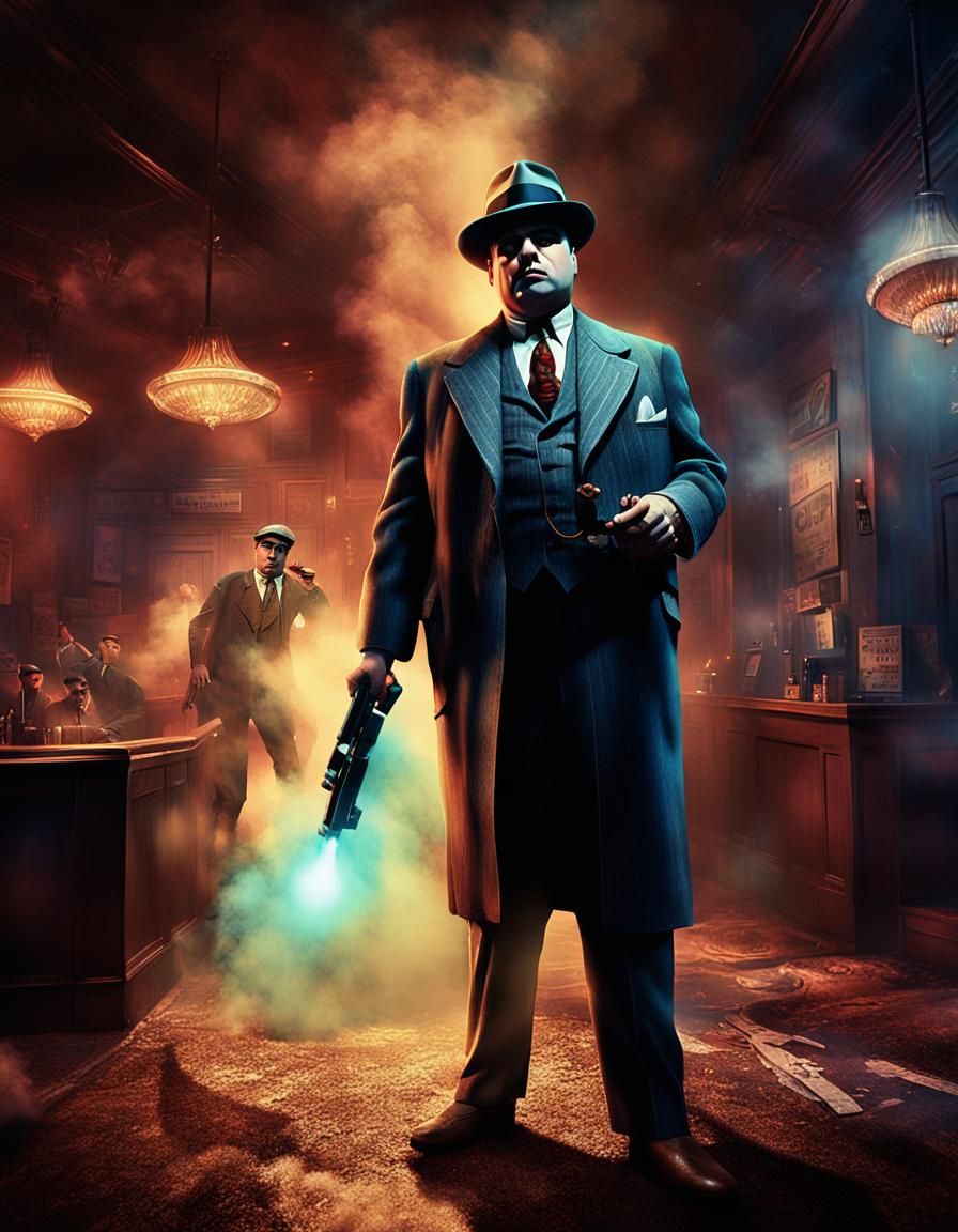 Al Capone in Dim Speakeasy Holding Ray-Gun