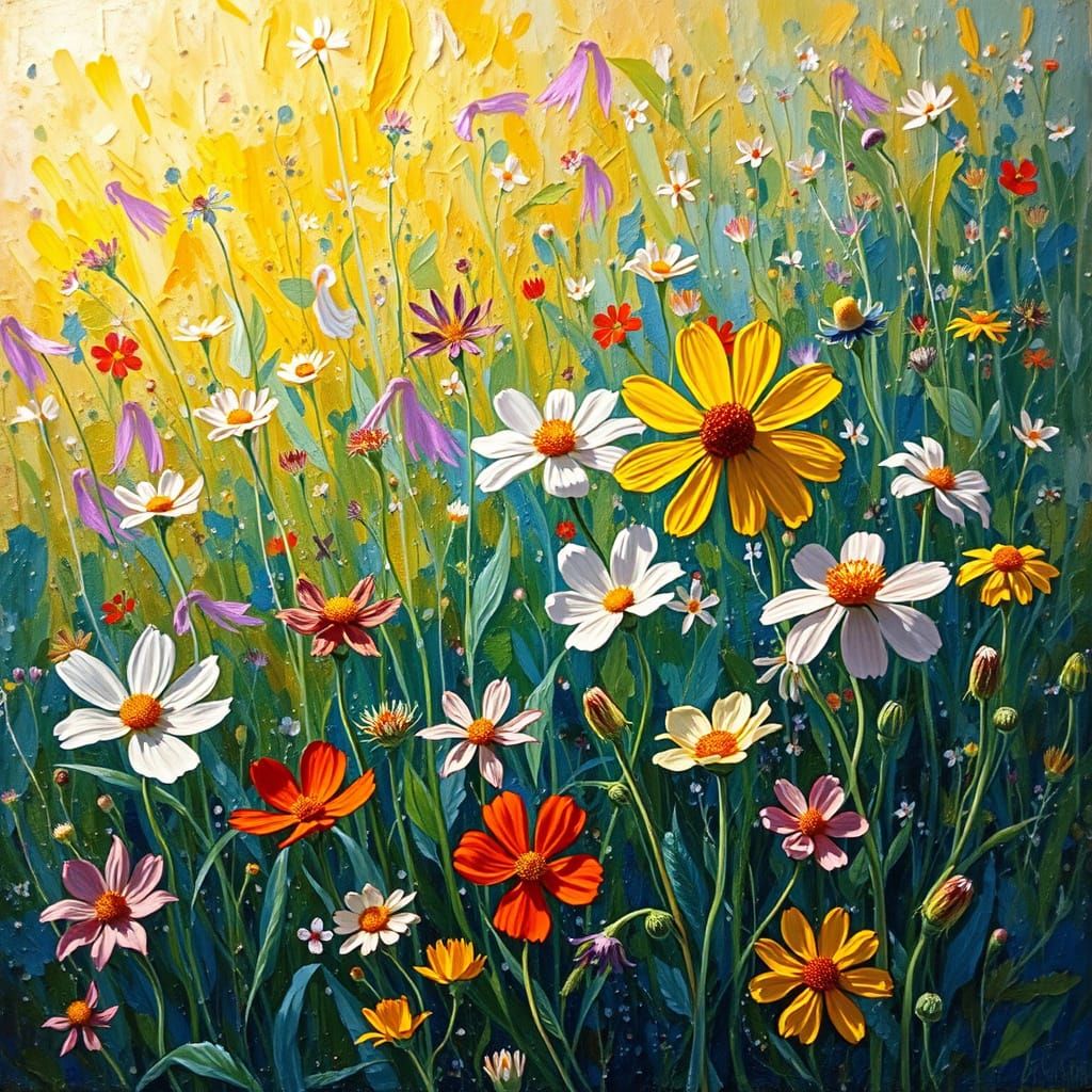 Impasto Meadow of Spring Wildflowers in Vibrant Color