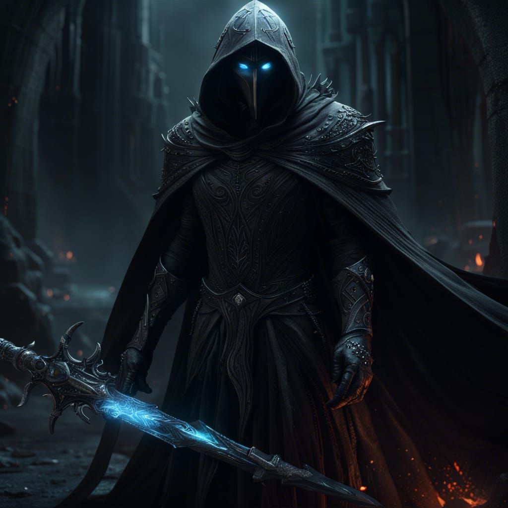 Sinister Warlock with Ice Sword in Dark Fantasy