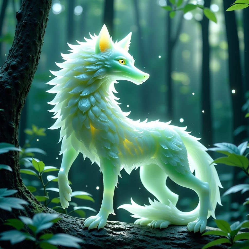 Ethereal Jade Wolf Spirit in Dreamlike Forest