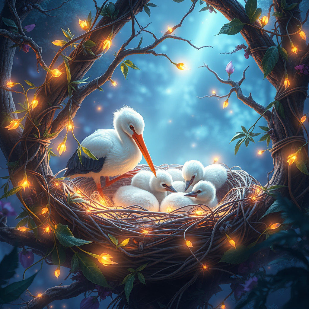 Mystical Stork's Nest Cradles Precious Babies
