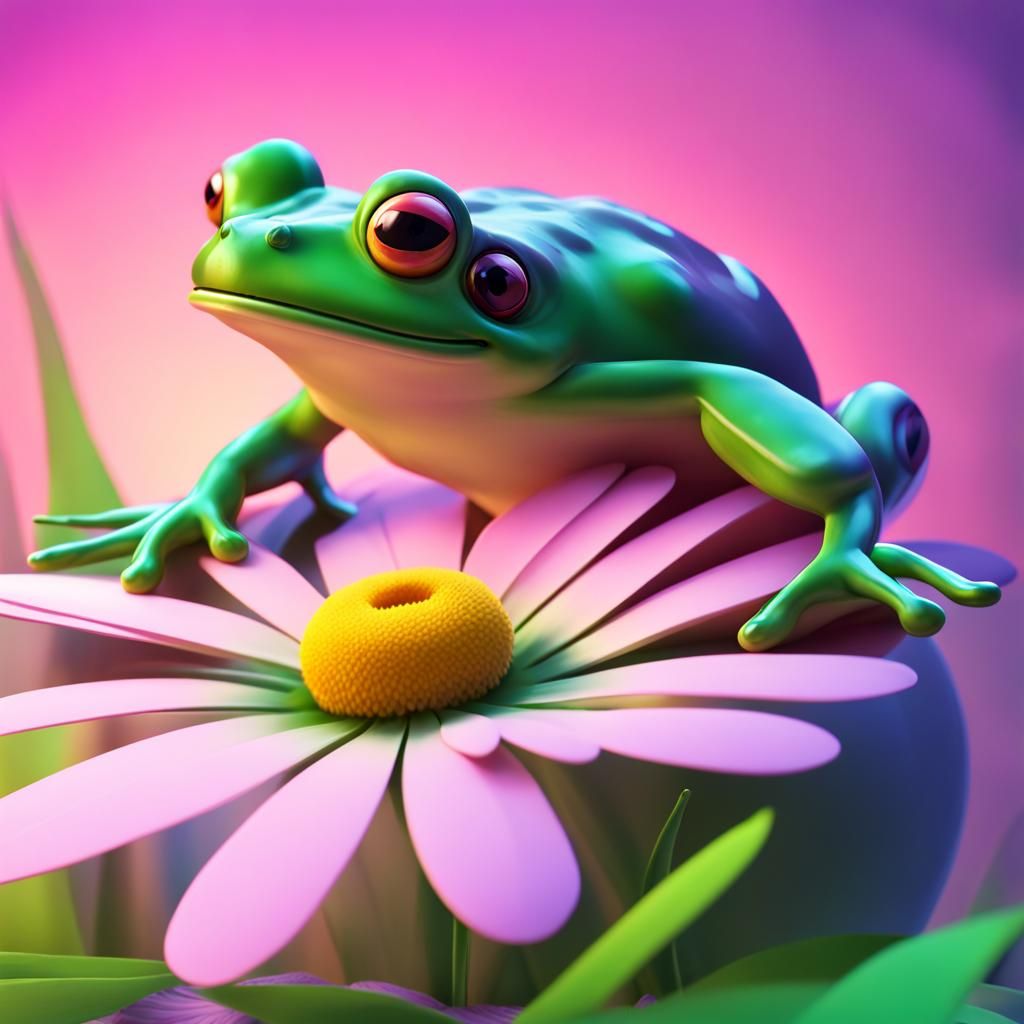 Vibrant Frog with Daisy: Pixar-Style 3D Digital Art