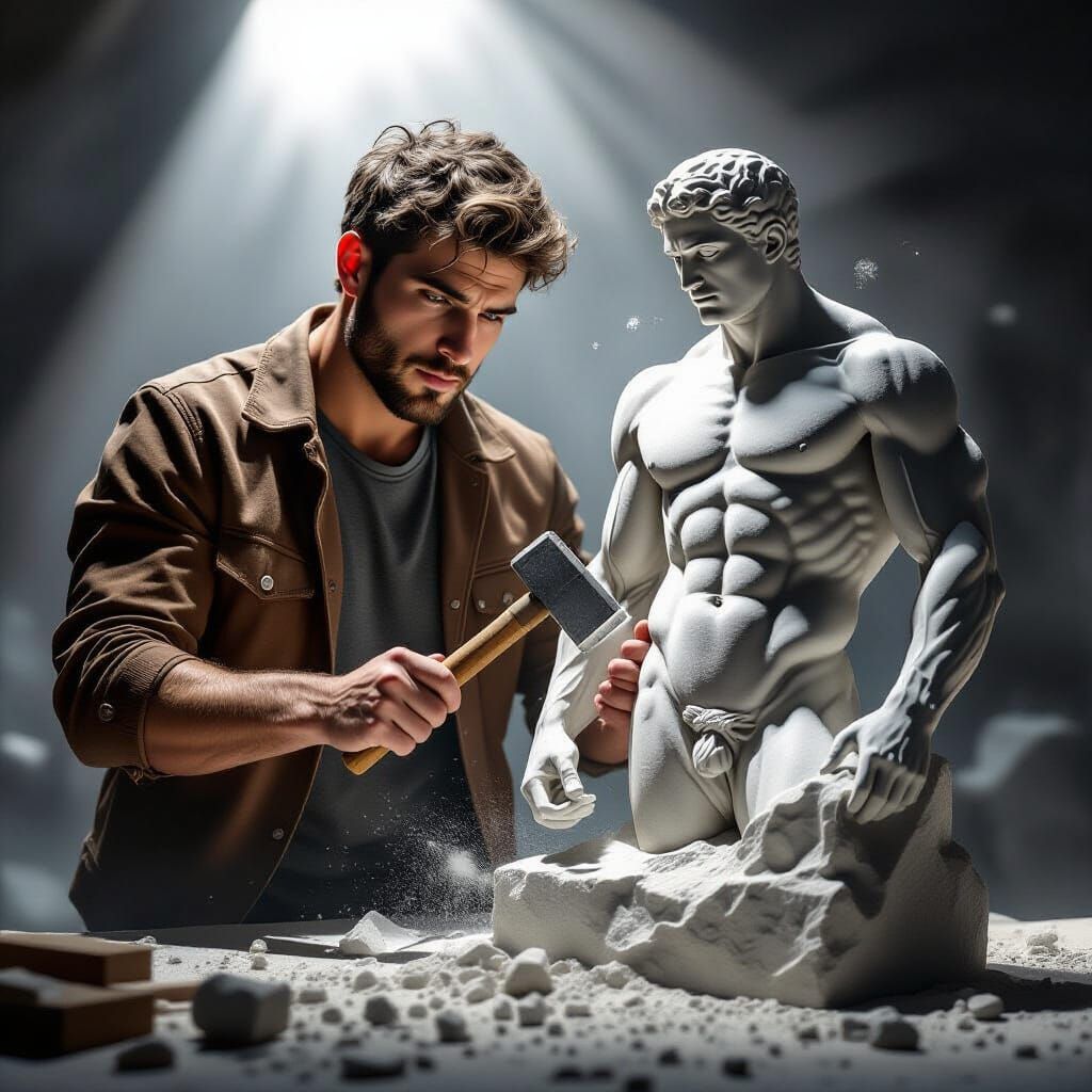 Sculptor Carving Future Figure with Chisel