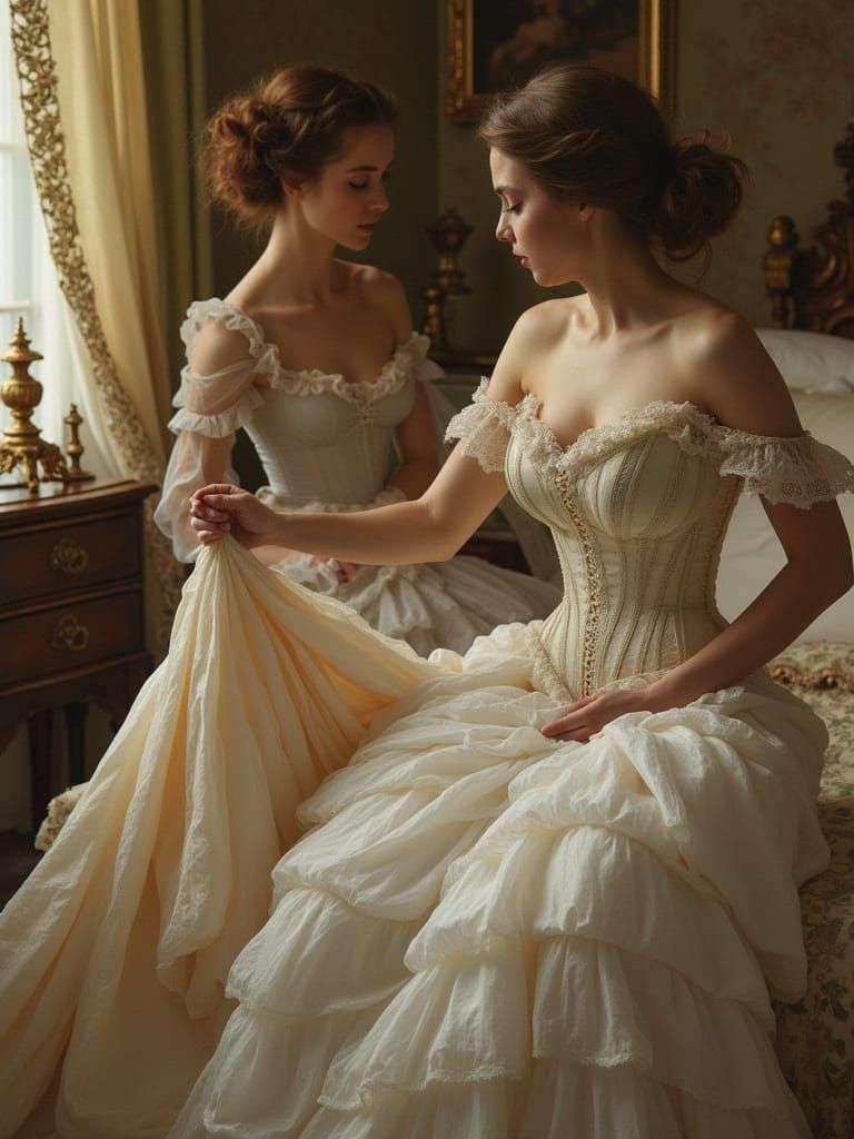 Victorian Lady Reaches for Elegant Dress in Lavish Bedroom