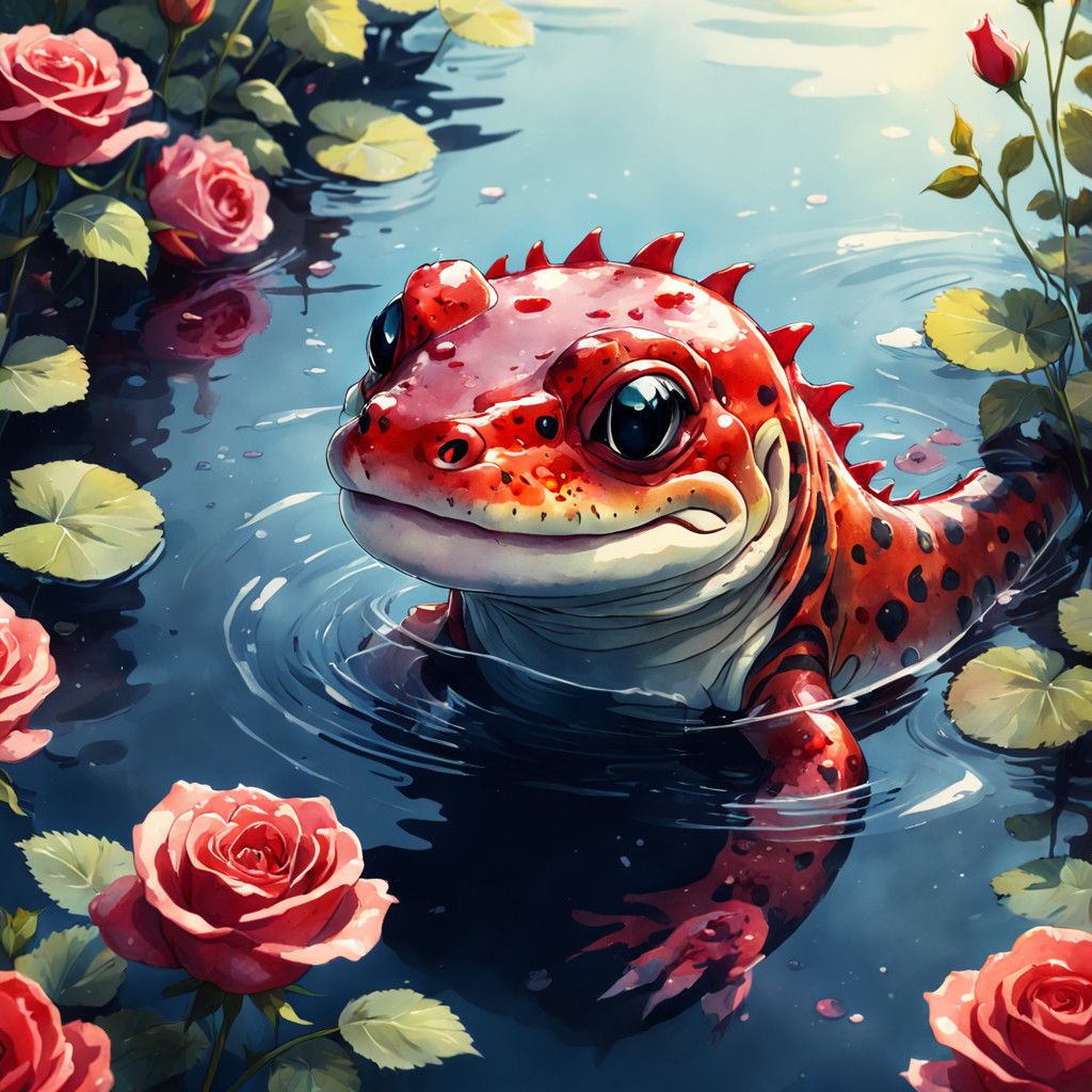 Whimsical Salamander in a Lake of Red Roses, Anime-Inspired...