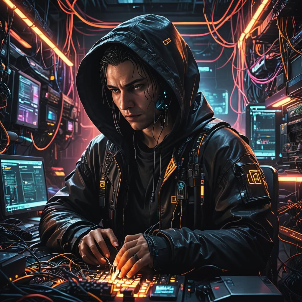 Cyberpunk Programmer in a Dystopian Server Room