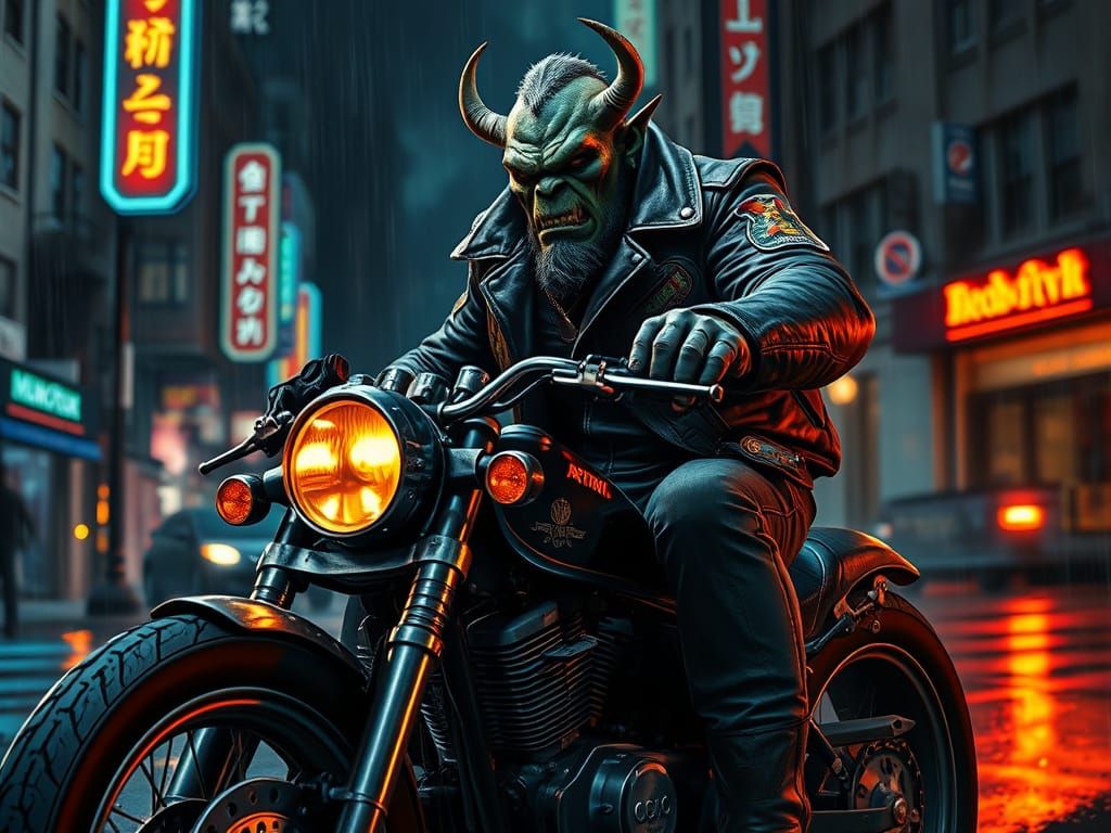 Orc Biker in Neon City, Dark Concept Art Style