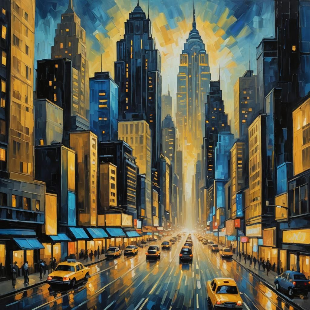 Art Deco Night Cityscape with Neon Lights