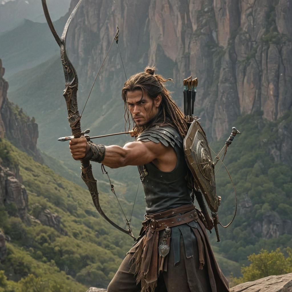 Heroic Archer in Mountain Landscape, Cinematic Fantasy Art