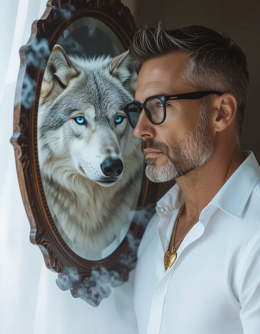 Man and Direwolf Reflection in Moody, Realistic Portrait