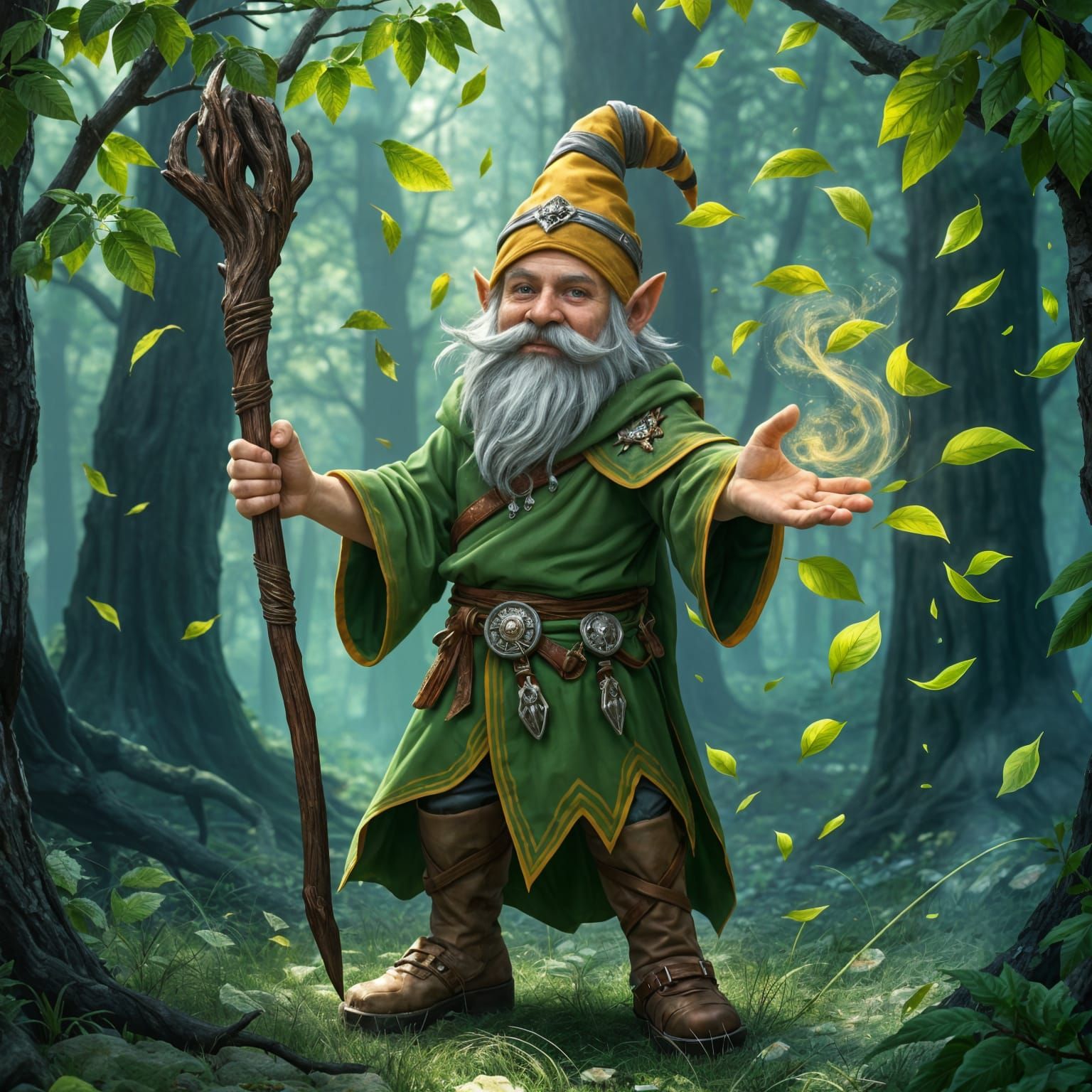 Gnome Druid Casting Spell in Fantasy Forest Clearing