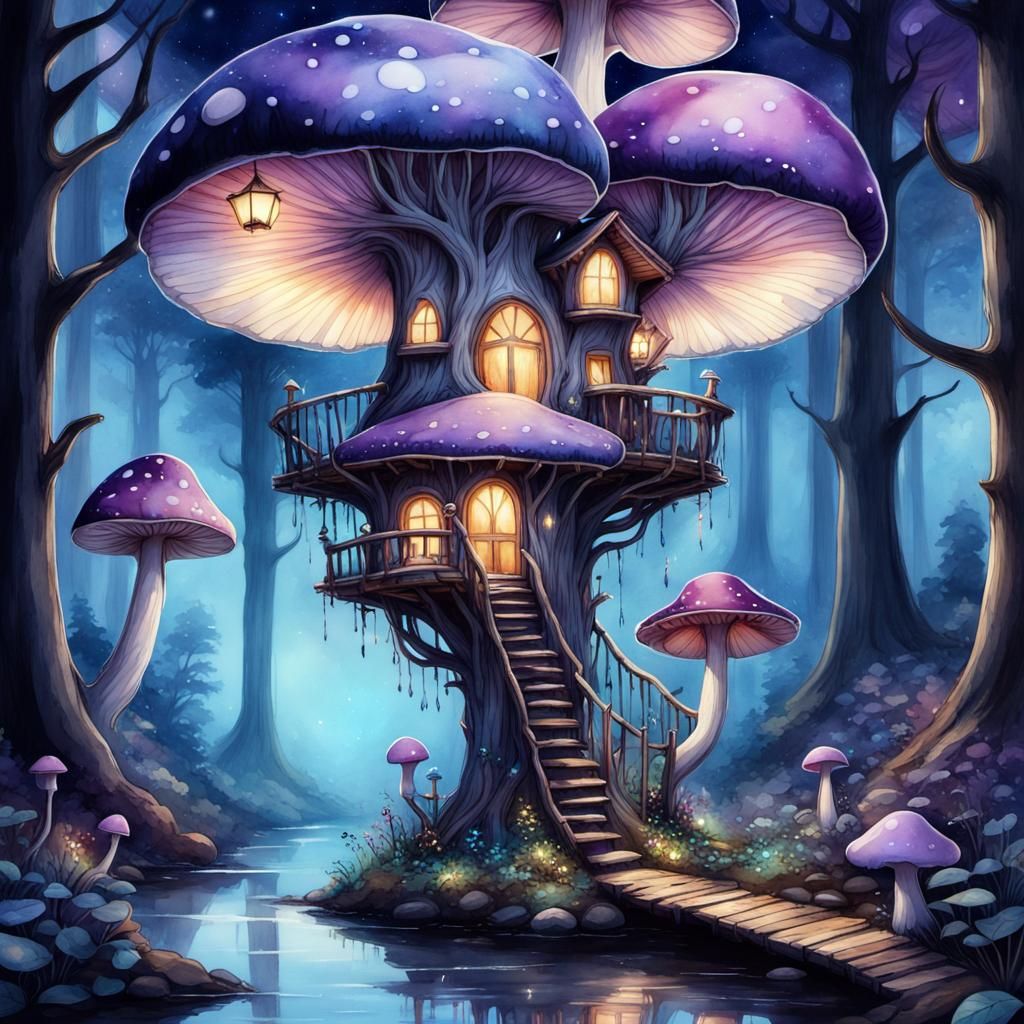 Bioluminescent Mushroom Fairy Treehouse Watercolor Illustrat...