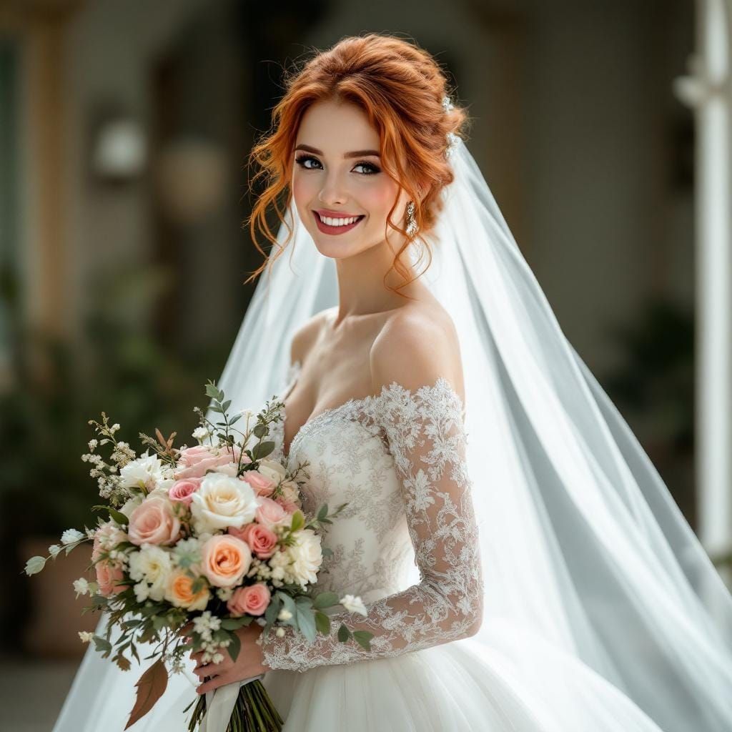 Radiant Redhead Bride: Hyperrealistic Wedding Portrait