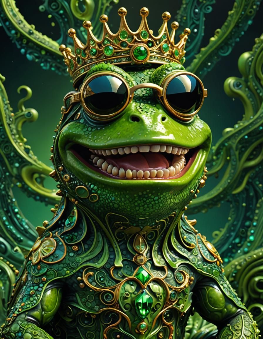 Whimsical Frog King Smiles in Tornado