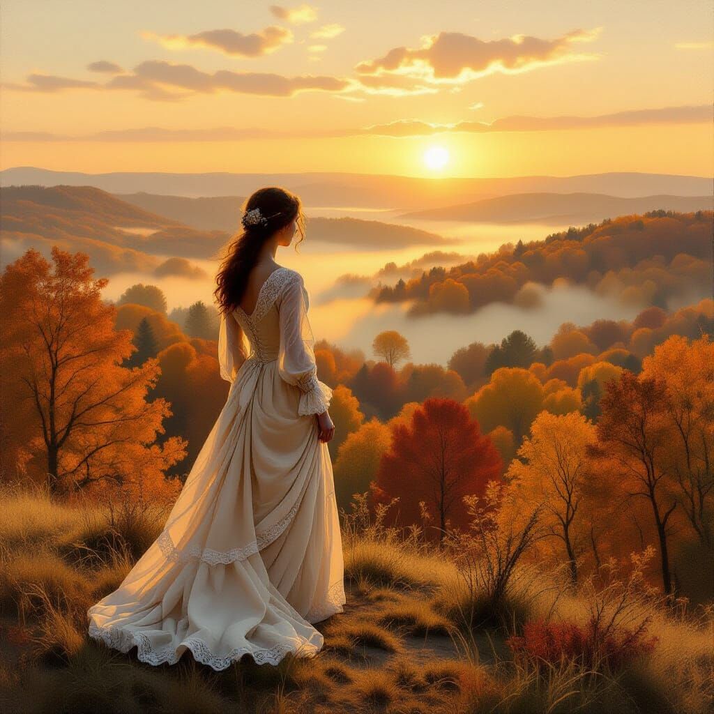 Woman in Autumnal Forest: Impressionistic Vintage Realism