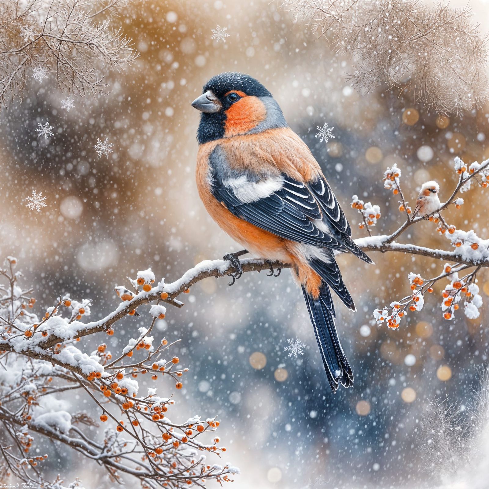Fluffy Bullfinch in Winter Landscape